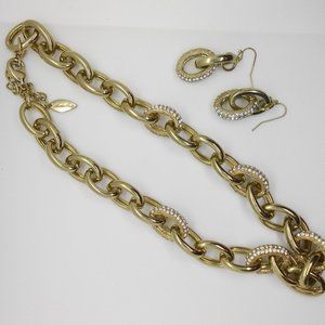 Coldwater Creek Gold Chunky Pave Crystal Chain Link Necklace and Earrings